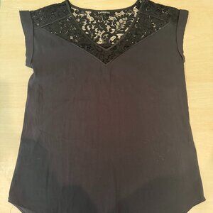 Express Black Formal Short Sleeve Silk Lace Blouse Size Medium